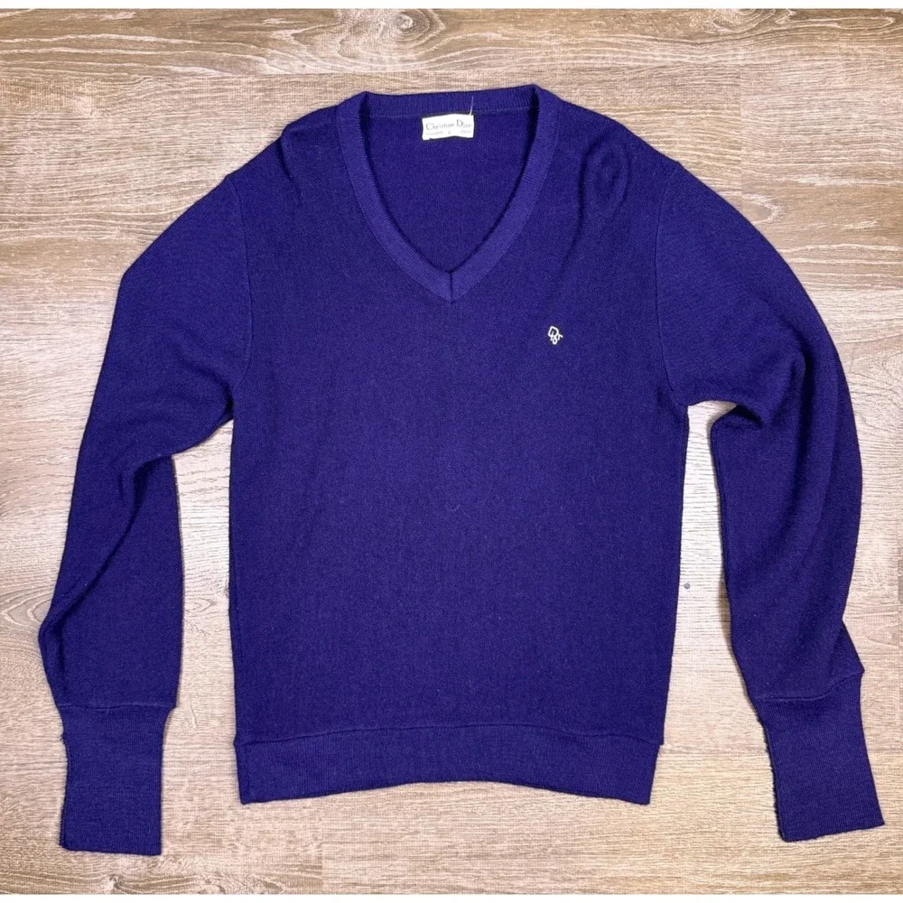 Vintage Christian Dior Sweater Mens S Navy Orlon Acrylic V Neck USA Made 80s‎